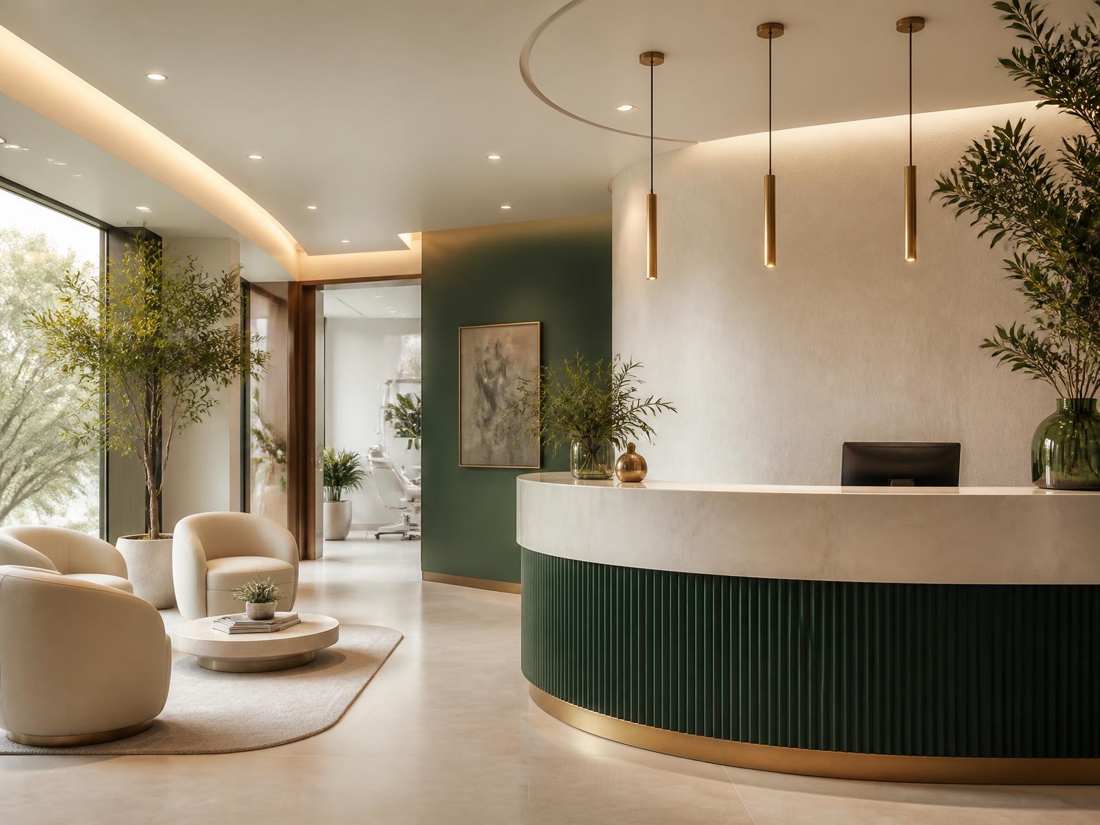 Reception area of Happy Smiles Dental in Port St. Lucie with warm ivory walls and green millwork